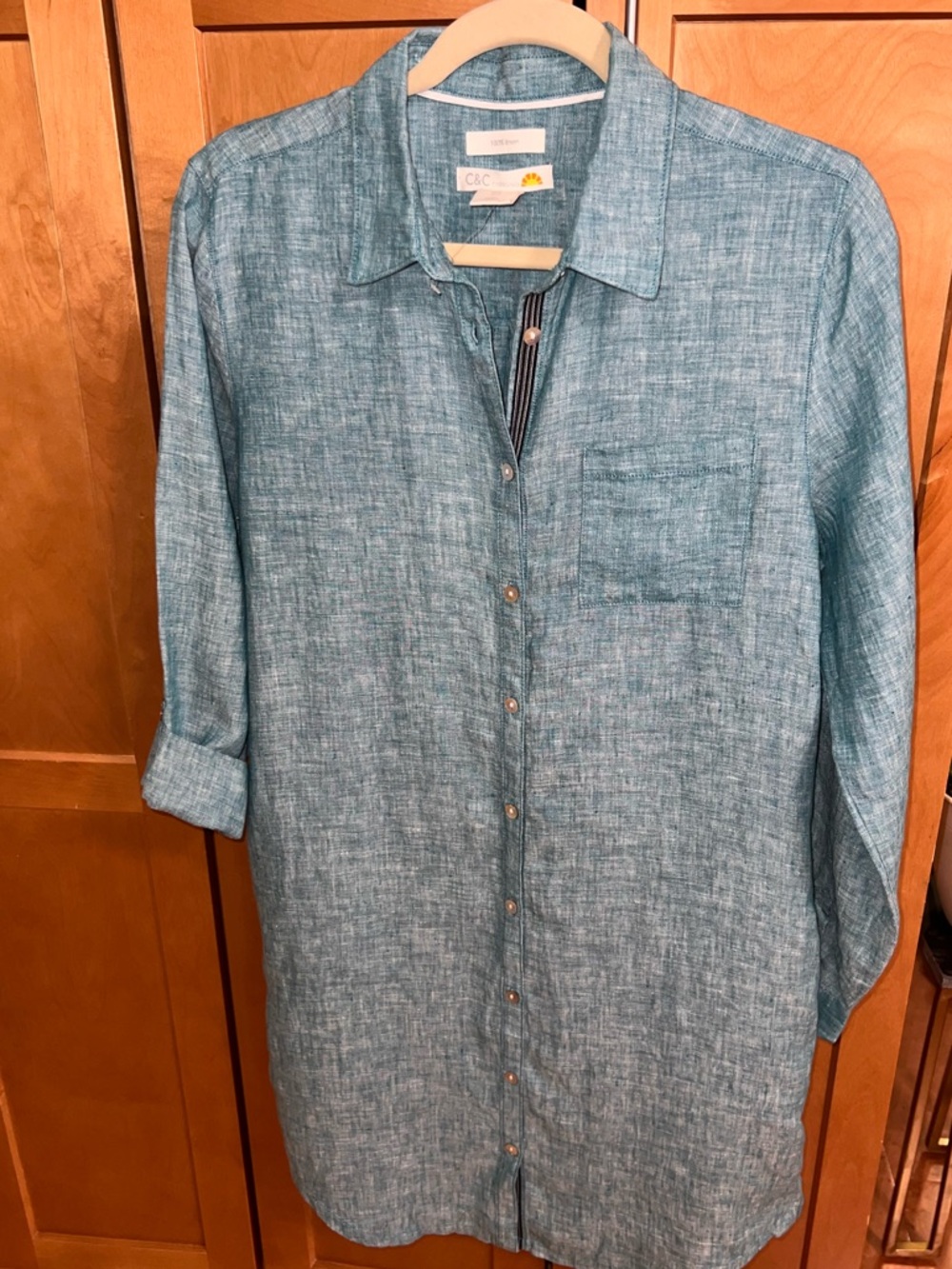 C&C California Linen Button-Up Shirt in Teal Blue